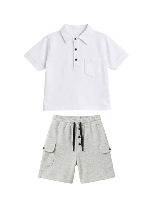 Shorts & Polo Cut Tshirt Set - WHITE - 2-7Y