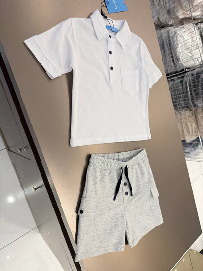 Shorts & Polo Cut Tshirt Set - WHITE - 2-7Y