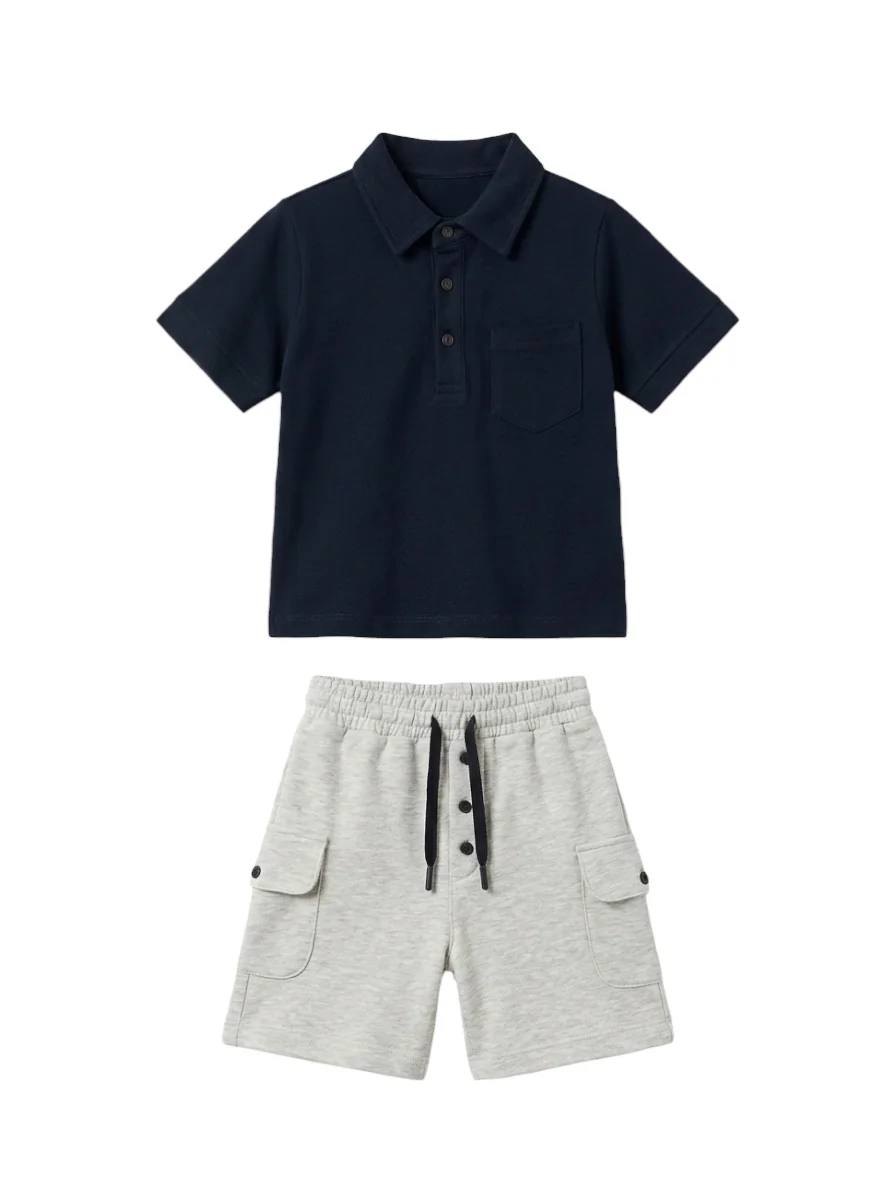 Shorts & Polo Cut Tshirt Set - NAVY - 2-7Y