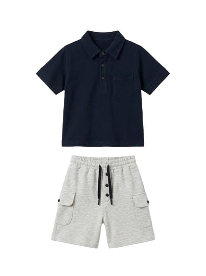 Shorts & Polo Cut Tshirt Set - NAVY - 2-7Y