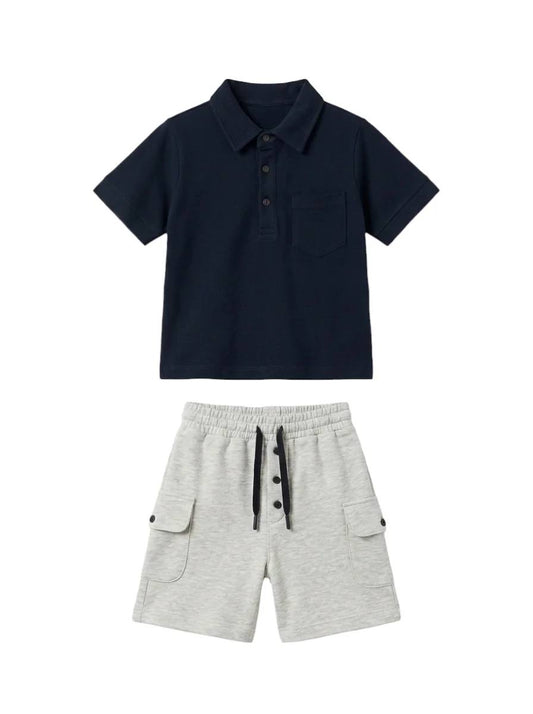 Shorts & Polo Cut Tshirt Set - NAVY - 2-7Y