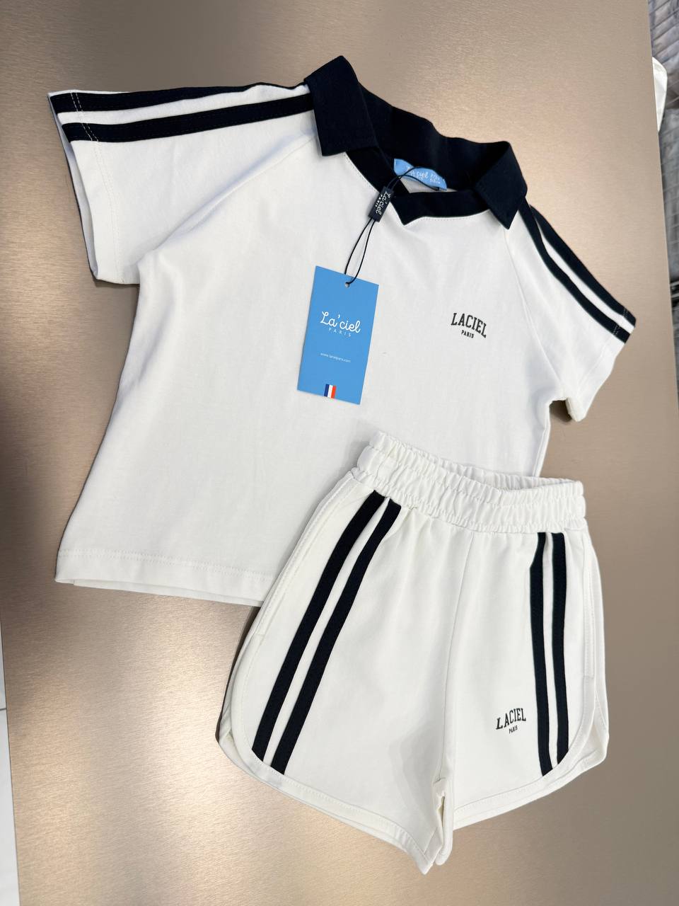Short & Tshirt Set - POLO Cut with Stripes - White - 2-7Y