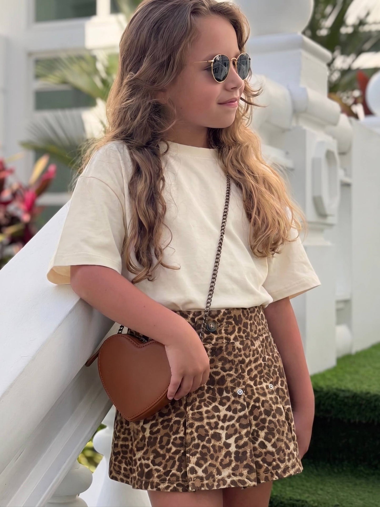 Leopard Pattern Skirt with Beige Tshirt Set - 2-7Y