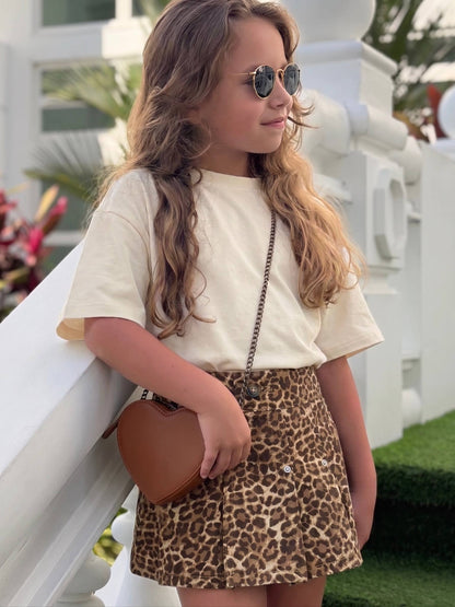 Denim Leopard Pattern Skirt with Beige Tshirt Set - 2-7Y