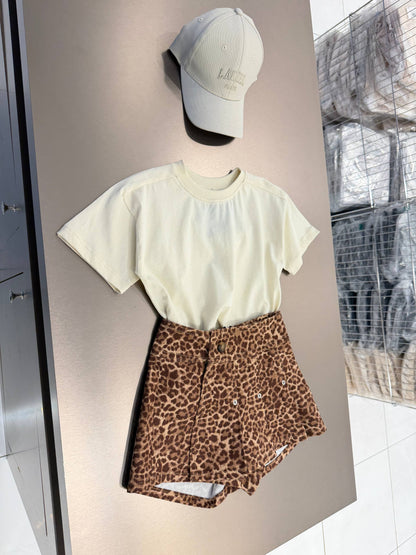 Denim Leopard Pattern Skirt with Beige Tshirt Set - 2-7Y