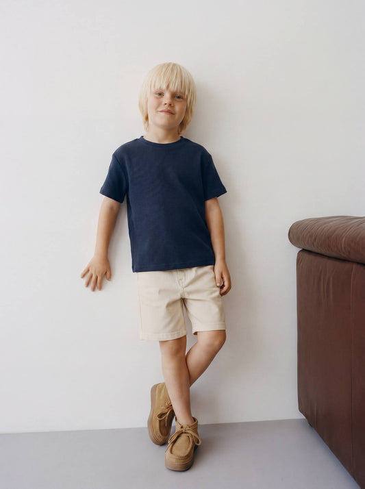 Waffle Tshirt & Beige Shorts Set - 2-7Y