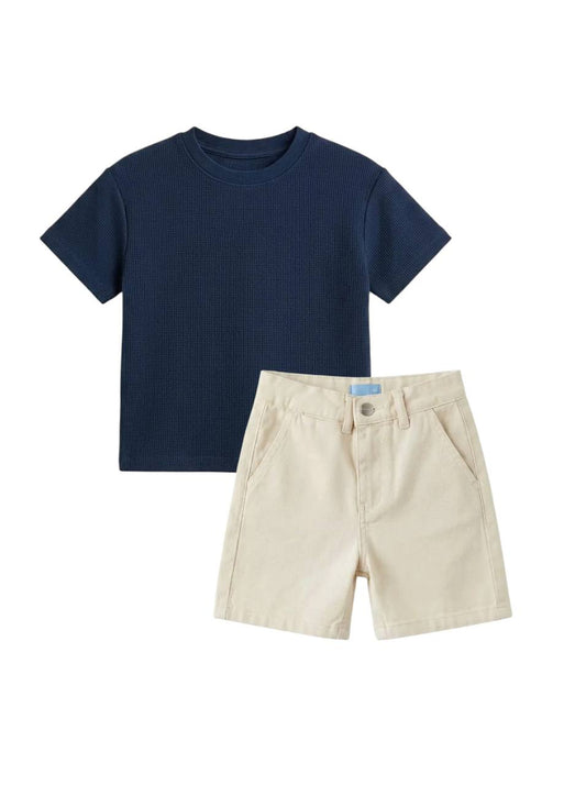 Waffle Tshirt & Beige Shorts Set - 2-7Y