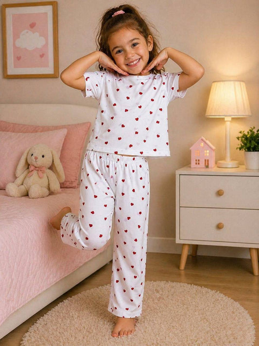 White Pyjamas with Red Hearts - 3-8Y