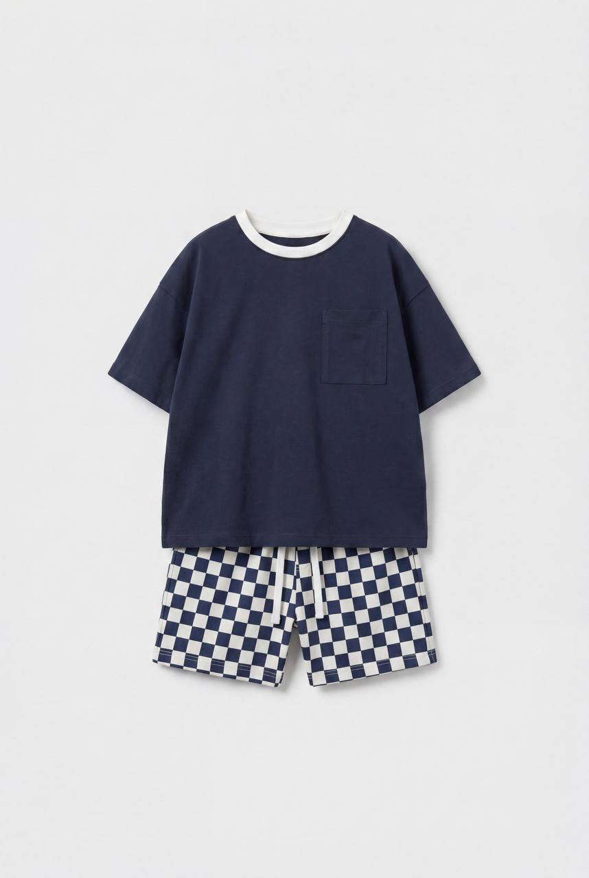 NAVY Checkered Shorts & Tshirt Set - 2-8Y
