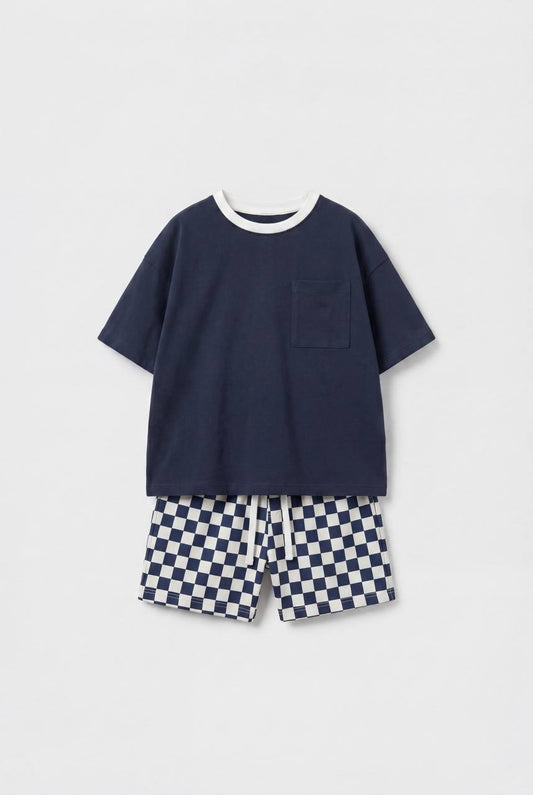 NAVY Checkered Shorts & Tshirt Set - 2-8Y