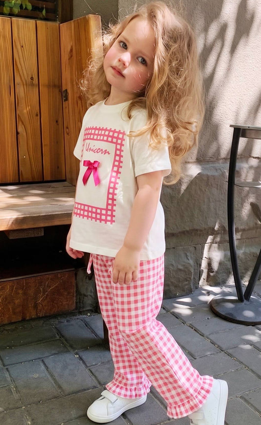 UNICORN Bow Pink Checkered Muslin Pants & Tshirt Set - 2-8Y