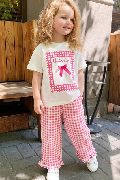 UNICORN Bow Pink Checkered Muslin Pants & Tshirt Set - 2-8Y