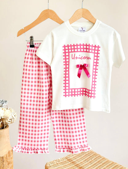 UNICORN Bow Pink Checkered Muslin Pants & Tshirt Set - 2-8Y