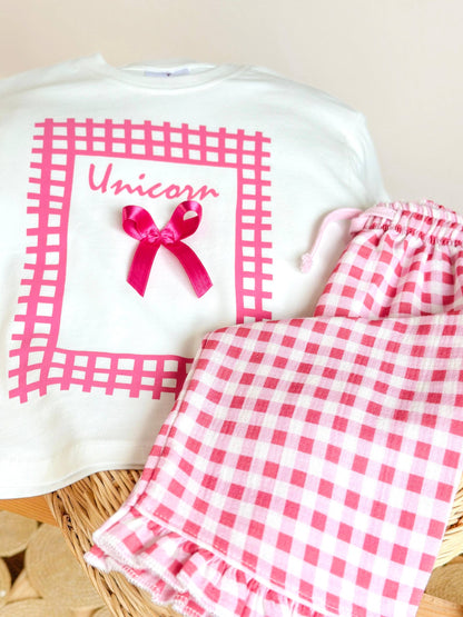 UNICORN Bow Pink Checkered Muslin Pants & Tshirt Set - 2-8Y
