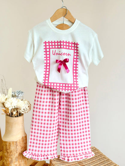 UNICORN Bow Pink Checkered Muslin Pants & Tshirt Set - 2-8Y