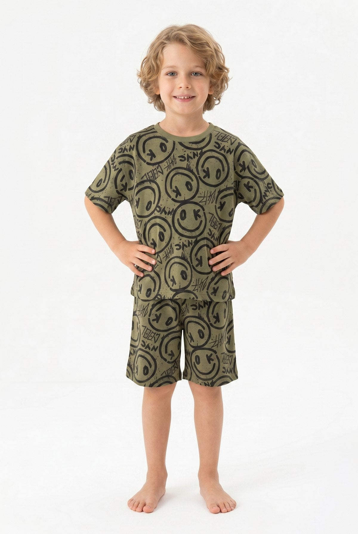 Smile :) Greenish Shorts & Tshirt Pyjamas - 3-8Y