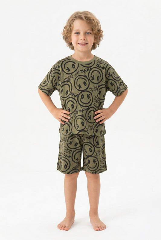 Smile :) Greenish Shorts & Tshirt Pyjamas - 3-8Y