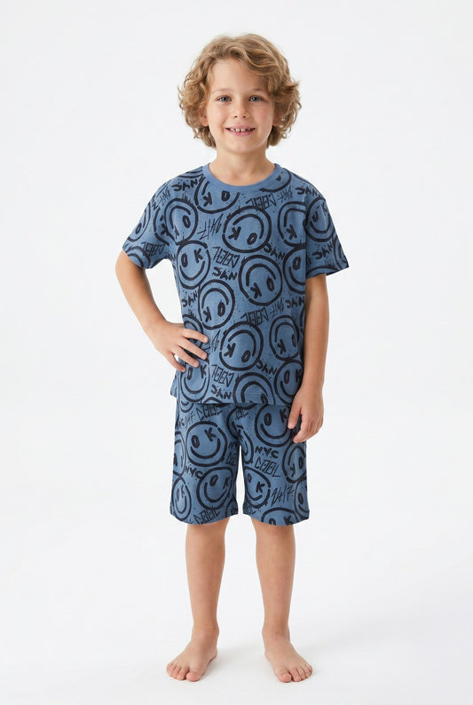 Smile :) Bluish Shorts & Tshirt Pyjamas - 3-8Y