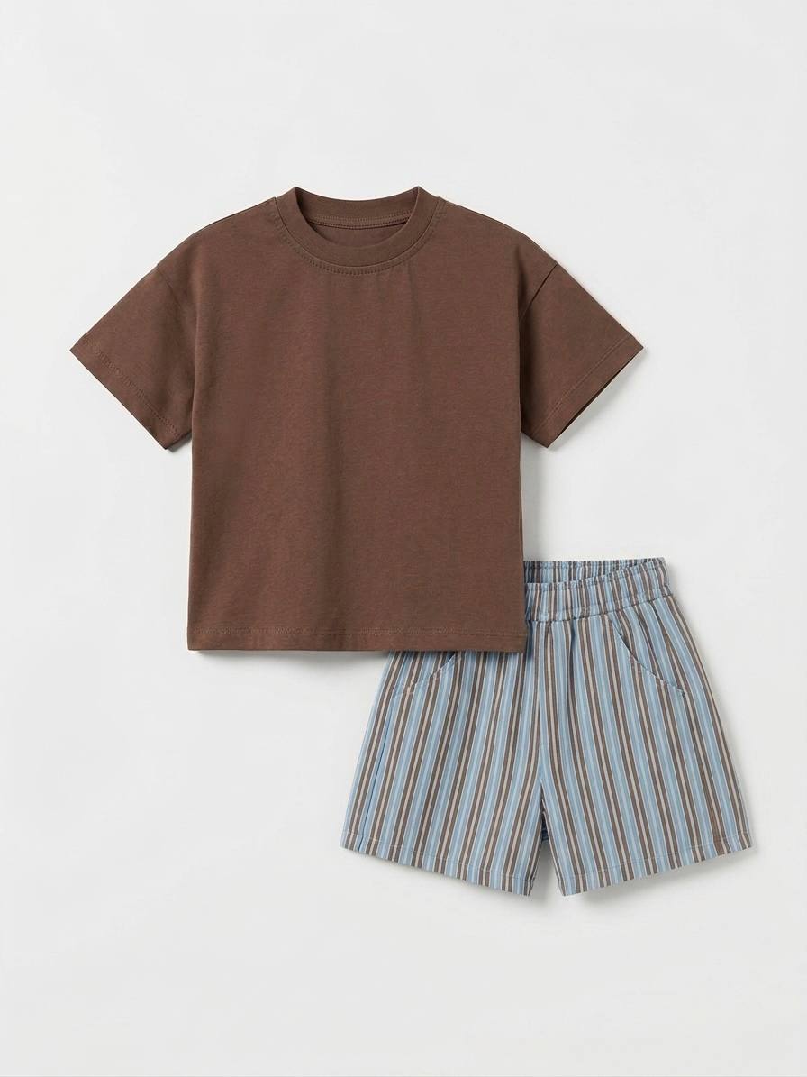 Striped Shorts & Brown Tshirt - 2-7Y