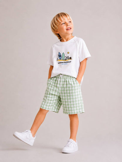 Checkered Shorts & Tshirt Set - Blue/Green - 3-10Y