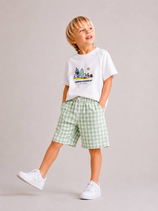 Checkered Shorts & Tshirt Set - Blue/Green - 3-10Y