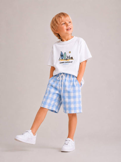 Checkered Shorts & Tshirt Set - Blue/Green - 3-10Y