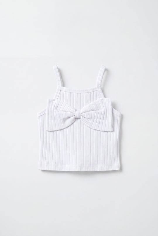 White Bow Ribbed Top - 2-8Y