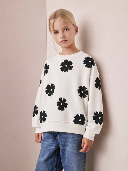 White Sweater with Black Floral Prints - 5-14Y