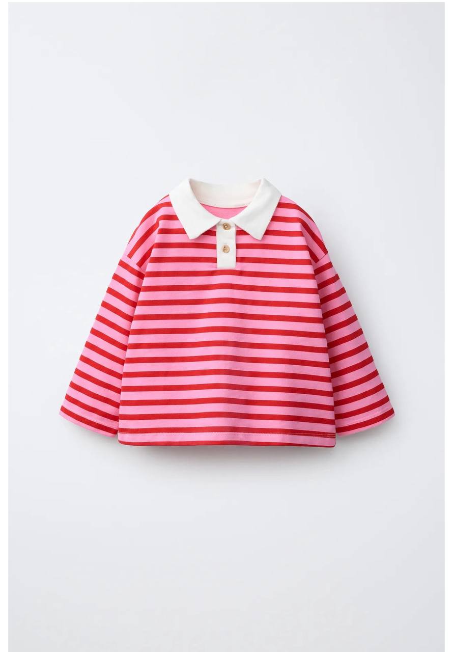 Polo Cut Striped Pink Sweater - 2-7Y