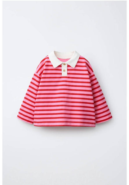 Polo Cut Striped Pink Sweater - 2-7Y