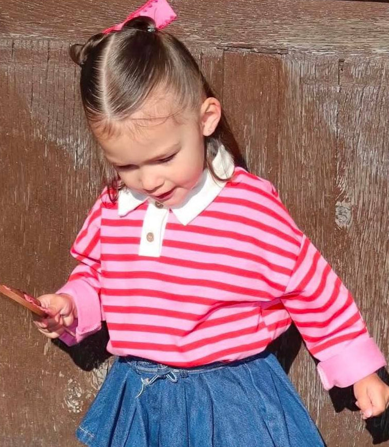 Polo Cut Striped Pink Sweater - 2-7Y