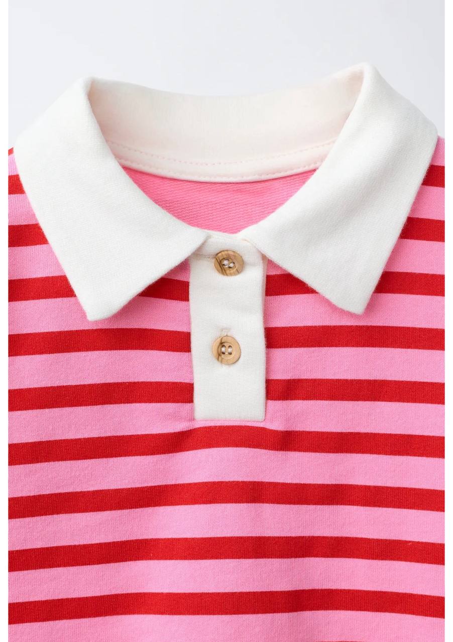 Polo Cut Striped Pink Sweater - 2-7Y