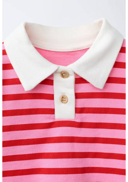 Polo Cut Striped Pink Sweater - 2-7Y