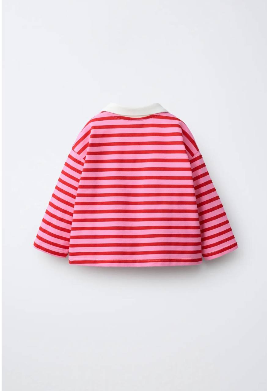 Polo Cut Striped Pink Sweater - 2-7Y