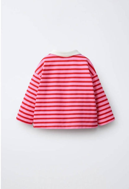 Polo Cut Striped Pink Sweater - 2-7Y
