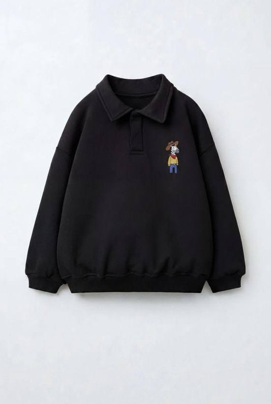 Polo Cut Cotton Sweater - Black - 2-8Y