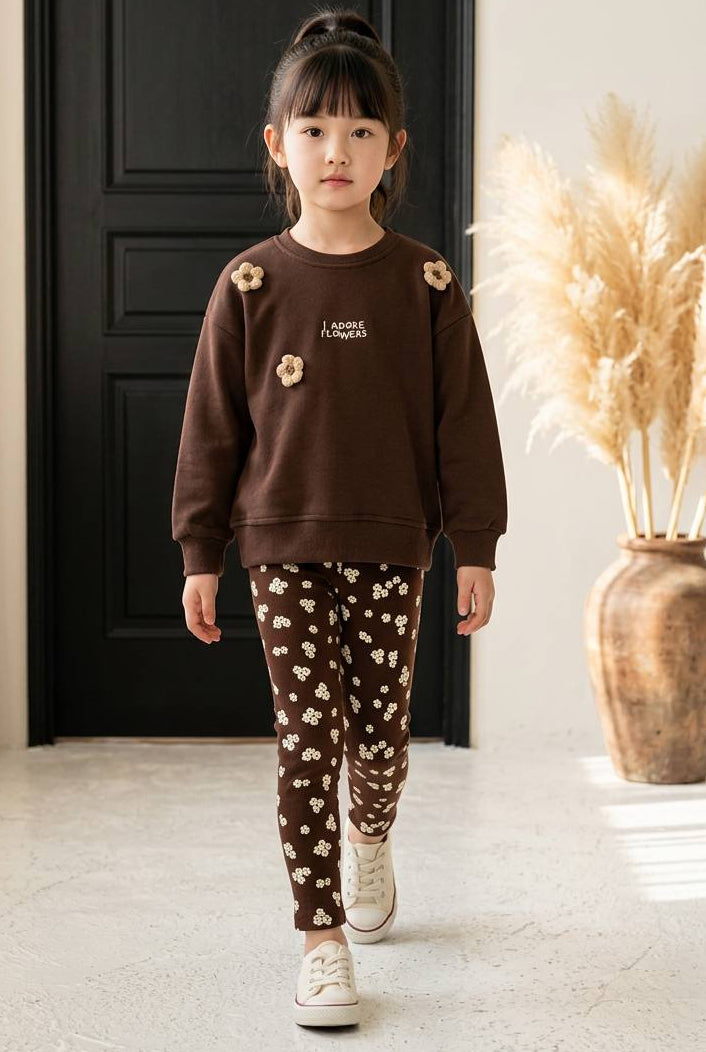 Brown Floral Legging & Sweater Set - 2-8Y