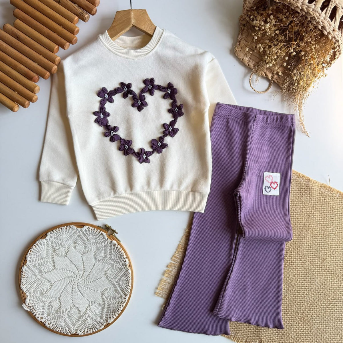 Big Heart Sweater & Flare Legging Set - Pink/Purple - 2-8Y