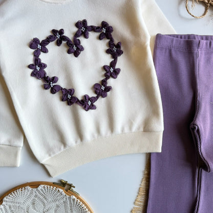 Big Heart Sweater & Flare Legging Set - Pink/Purple - 2-8Y