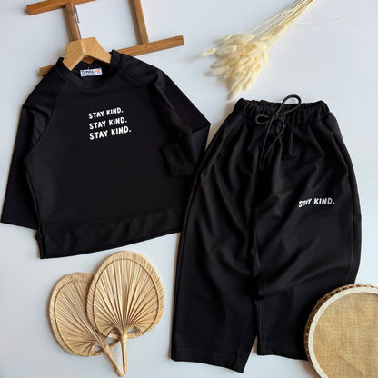 Stay Kind Round Neck Black Set - 3-10Y