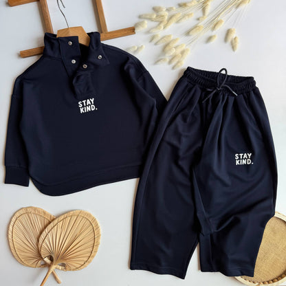 Stay Kind High Collar Navy Blue Set - 3-10Y
