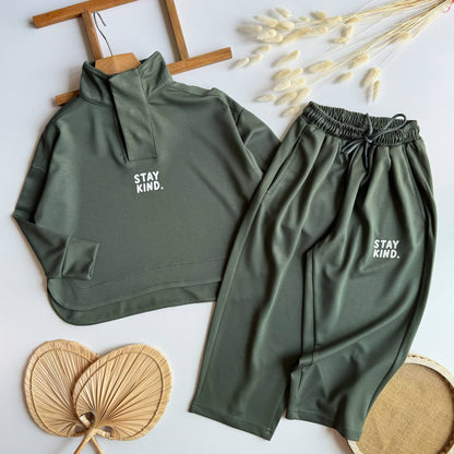 Stay Kind High Collar Olive Green Set - 3-10Y