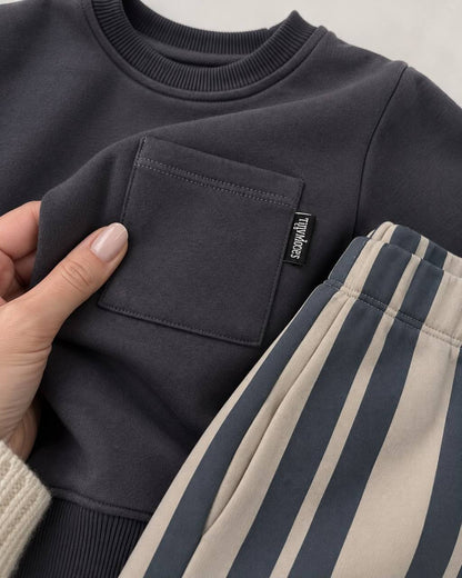 Sweater with Pocket & Striped Pants Set - Anthracite - 3-10Y