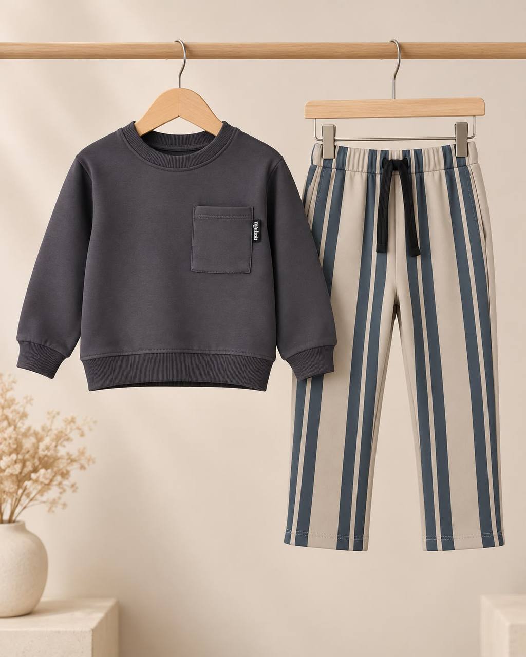 Sweater with Pocket & Striped Pants Set - Anthracite - 3-10Y