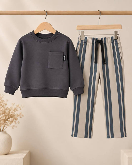 Sweater with Pocket & Striped Pants Set - Anthracite - 3-10Y
