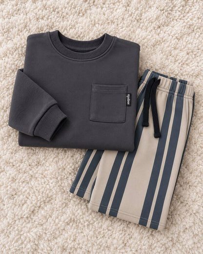 Sweater with Pocket & Striped Pants Set - Anthracite - 3-10Y