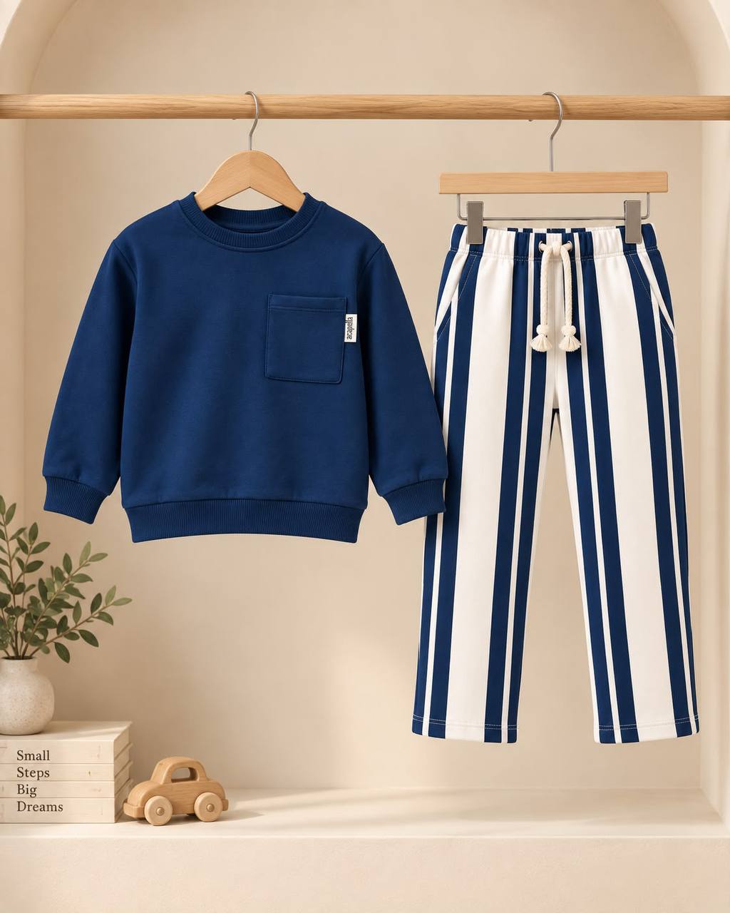 Sweater with Pocket & Striped Pants Set - Navy - 3-10Y