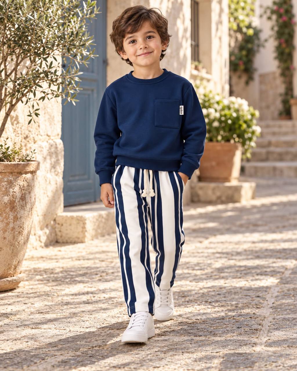 Sweater with Pocket & Striped Pants Set - Navy - 3-10Y