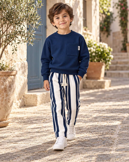 Sweater with Pocket & Striped Pants Set - Navy - 3-10Y