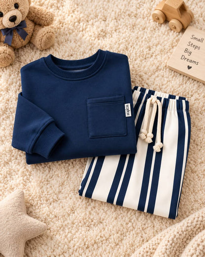 Sweater with Pocket & Striped Pants Set - Navy - 3-10Y
